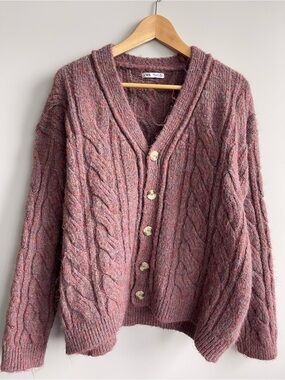 Zara Dusty Rose Heathered Cable-Knit Button Cardigan